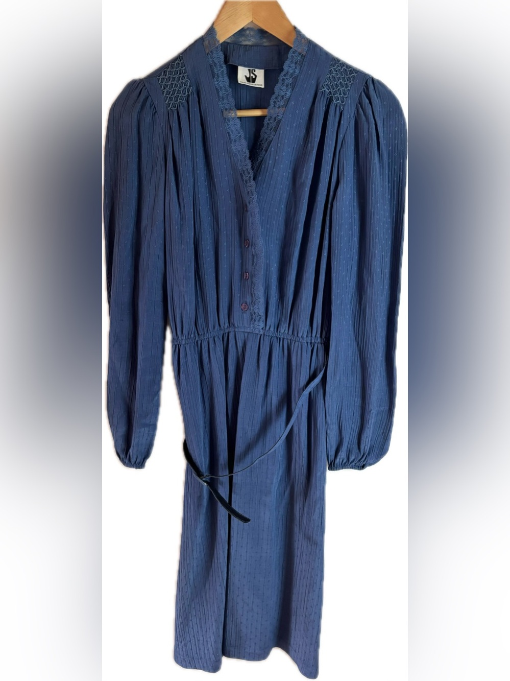 Vintage Long Sleeve Navy Blue Midi Dress with Waist Tie
